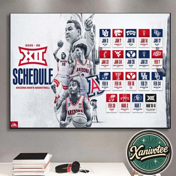 Arizona Wildcats Men’s Basketball Big 12 Conference 2025-26 Schedule Season Home Decor Poster Canvas
