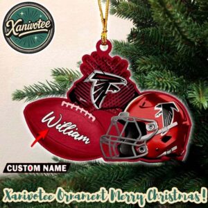 Atlanta Falcons NFL Helmet With Rugby Football Custom Name Decoration 2025 Christmas Ornament