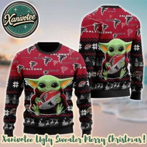 Atlanta Falcons x Baby Yoda Hug The Ball Pattern NFL 2025 Ugly Christmas Sweater Gift For Holiday