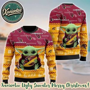 Baby Yoda Hug The Ball With NFL Arizona Cardinals Xmas Holiday Gift For Friends And Couple Ugly Christmas Sweater