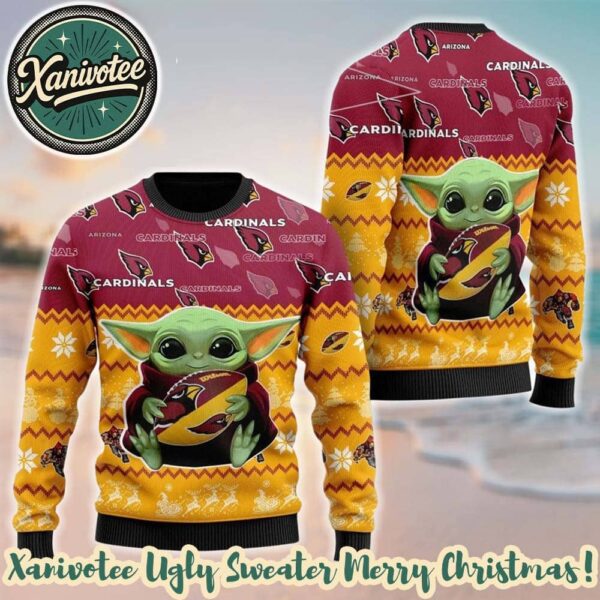 Baby Yoda Hug The Ball With NFL Arizona Cardinals Xmas Holiday Gift For Friends And Couple Ugly Christmas Sweater