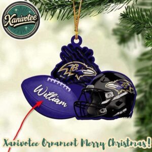 Baltimore Ravens NFL Helmet With Rugby Football Custom Name Personalized Christmas 2025 Tree Decoration Holiday Christmas Ornament