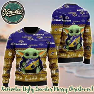 Baltimore Ravens NFL x Baby Yoda Hug The Ball 2025 Knitting Pattern Holiday Ugly Sweater