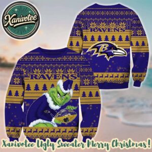 Baltimore Ravens NFL x Grinch Christmas 2025 Holiday Ugly Sweater