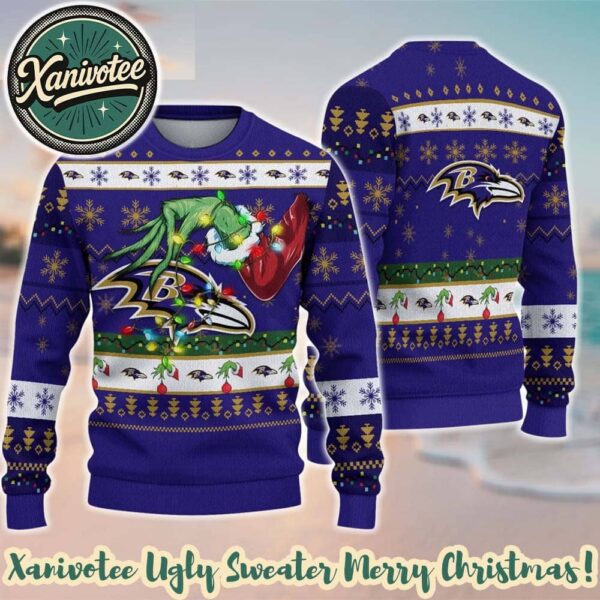 Baltimore Ravens With Special Grinchs Hand Football 2025 Ugly Christmas Sweater Gift For Holiday