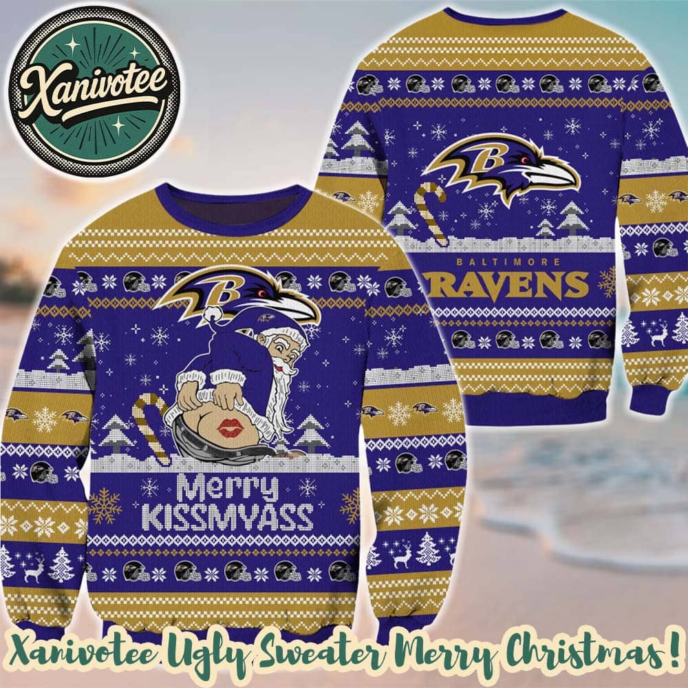 Baltimore Ravens x Santa Claus Merrykissmyass Funny NFL 2025 Xmas Day Ugly Christmas Sweater