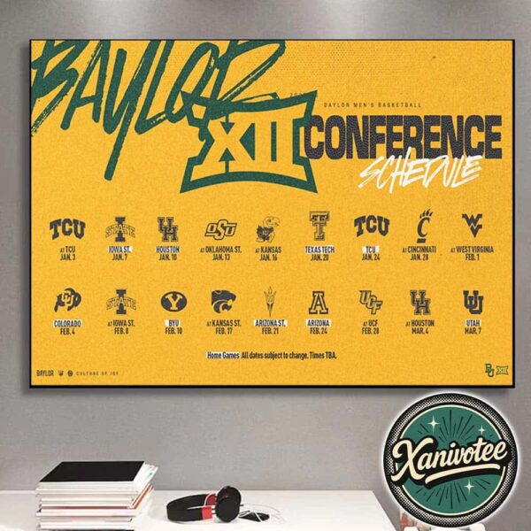 Baylor Bears Men’s Basketball Big 12 Conference 2025-26 Schedule Season Home Decor Poster Canvas