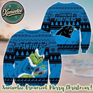 Carolina Panthers Football x Grinch Blue Background Ugly Christmas Sweater For Holiday 2025 Xmas Gifts