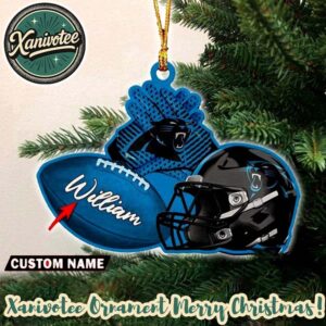 Carolina Panthers NFL Helmet With Rugby Football Custom Name Decoration 2025 Christmas Ornament