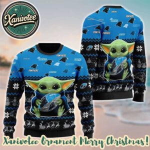 Carolina Panthers x NFL Baby Yoda Hug The Ball Ugly Christmas Sweater For Holiday 2025 Xmas Gifts