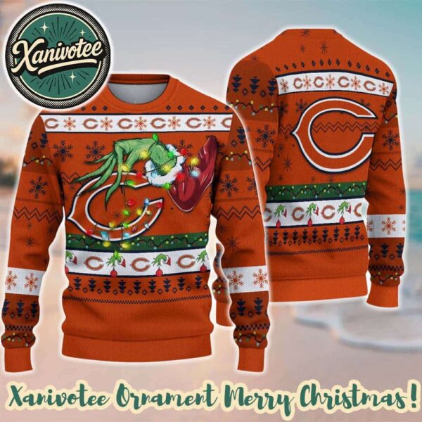 Chicago Bears NFL With Special Grinchs Hand Football 2025 Ugly Christmas Sweater Gift For Holiday