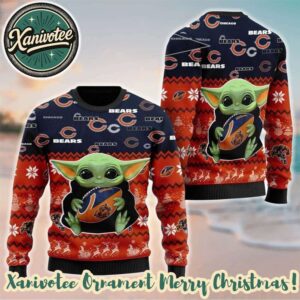 Chicago Bears NFL xBaby Yoda Hug The Ball 2025 Ugly Christmas Sweater Gift For Holiday