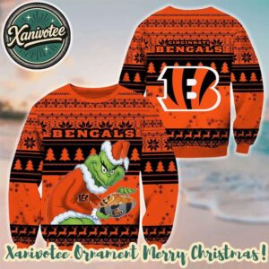 Cincinnati Bengals Football x Grinch Pattern Orange Background 2025 Christmas Ugly Sweater