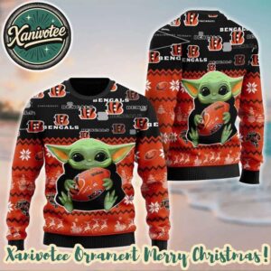 Cincinnati Bengals x Baby Yoda Hug The Ball NFL 2025 Ugly Christmas Sweater Gift For Holiday