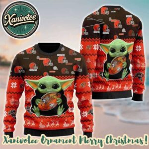 Cleveland Browns x Baby Yoda Hug The Ball NFL 2025 Ugly Christmas Sweater Gift For Holiday