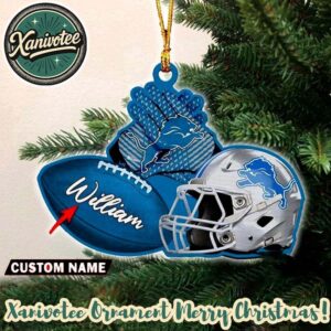 Detroit Lions NFL Helmet With Rugby Football Custom Name Personalized Christmas 2025 Tree Decoration Holiday Christmas Ornament