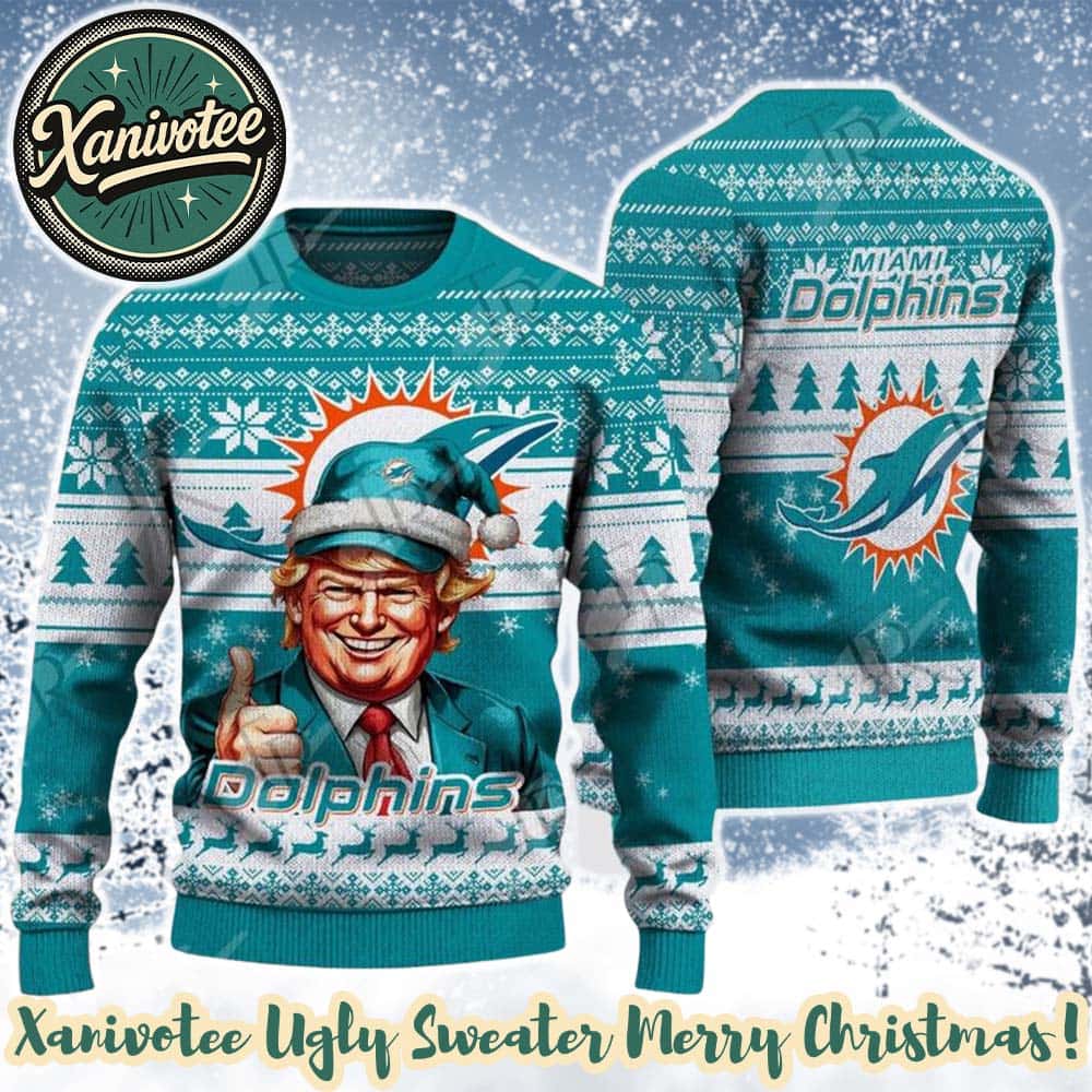 Donald Trump x Miami Dolphins Team NFL Knitting Chirstmas Pattern Holiday Ugly Sweater 2025
