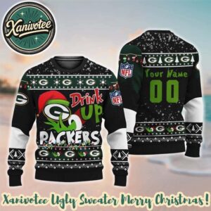 Green Bay Packers Drink Up The Grinch Custom Name 2025 Knitted Ugly Christmas Sweater