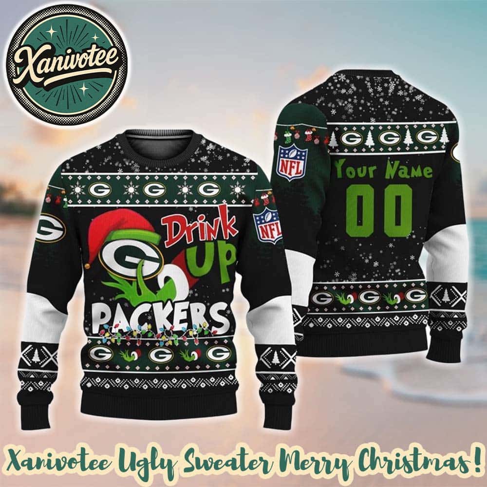 Green Bay Packers Drink Up The Grinch Custom Name 2025 Knitted Ugly Christmas Sweater