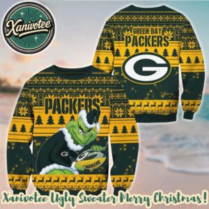 Green Bay Packers Football With Grinch NFL 2025 Pattern Christmas Ugly Sweater