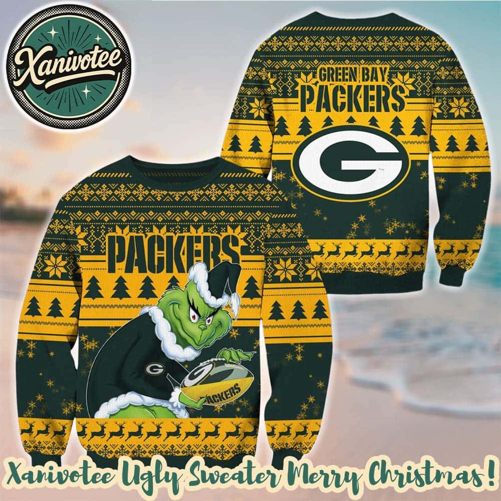 Green Bay Packers Football With Grinch NFL 2025 Pattern Christmas Ugly Sweater