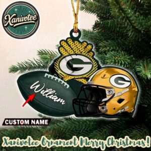 Green Bay Packers NFL Helmet With Rugby Football Custom Name Decoration 2025 Christmas Ornament