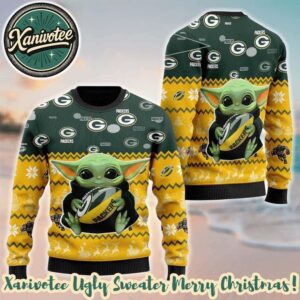 Green Bay Packers x Baby Yoda Hug The Ball NFL Xmas 2025 Holiday Gift Ugly Christmas Sweater