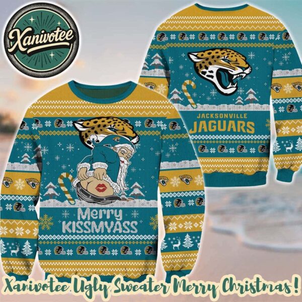 Jacksonville Jaguars NFL Funny Santa Claus Merrykissmyass 2025 Pattern Gift For Fan Christmas Ugly Sweater
