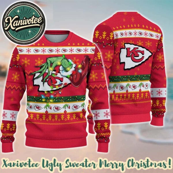 Kansas City Chiefs NFL With Special Grinchs Hand Football Knitted Ugly Christmas Sweater 2025