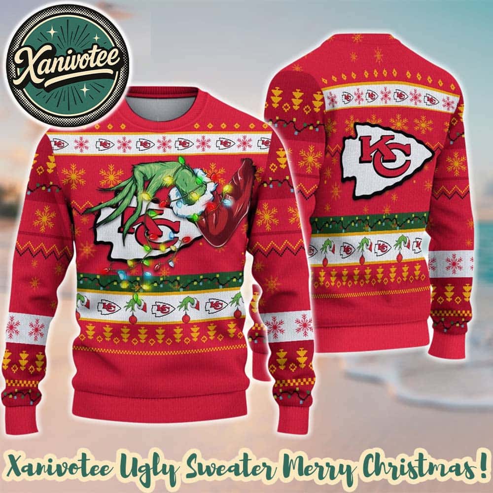 Kansas City Chiefs NFL With Special Grinchs Hand Football Knitted Ugly Christmas Sweater 2025