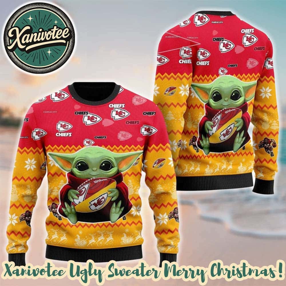 Kansas City Chiefs Team NFL With Baby Yoda Hug The Ball 2025 Knitted Ugly Christmas Sweater