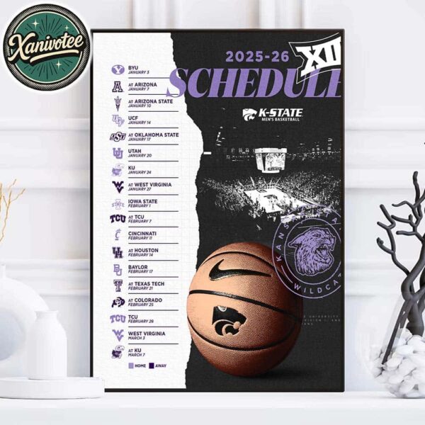 Kansas State Wildcats Men’s Basketball Big 12 Conference 2025-26 Schedule Season Home Decor Poster Canvas