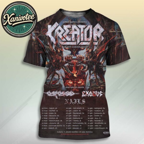 Kreator UK And Europe Krushers Of The World Tour 2026 Dates List Kicks Off In Lisbon PT On March 20 2026 All Over Print T-Shirt
