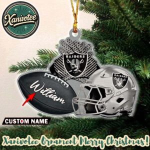 Las Vegas Raiders NFL Helmet With Rugby Football Custom Name Christmas Tree Keepsake Ornament 2025
