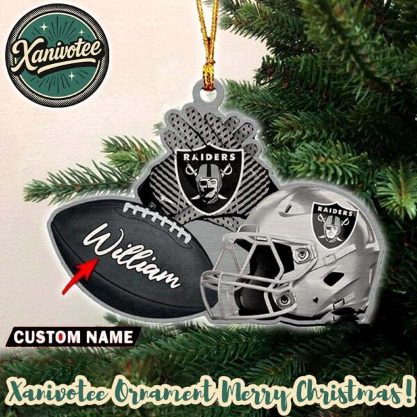 Las Vegas Raiders NFL Helmet With Rugby Football Custom Name Christmas Tree Keepsake Ornament 2025