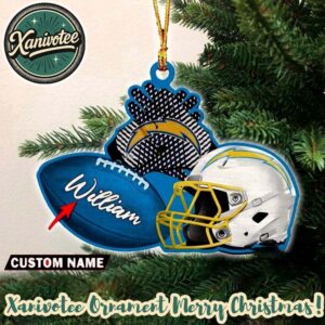 Los Angeles Chargers NFL Helmet With Rugby Football Custom Name Decoration 2025 Christmas Ornament