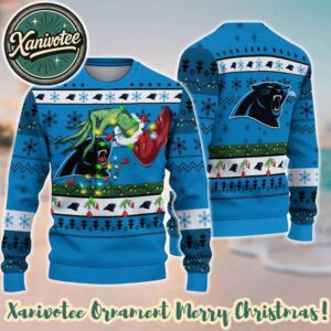 NFL Carolina Panthers With Special Grinchs Hand Football 2025 Xmas Holiday Gift For Friends And Couple Ugly Christmas Sweater