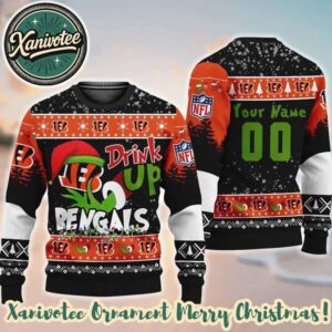 NFL Cincinnati Bengals Drink Up The Grinch Personalized Custom Name 2025 Christmas Ugly Sweater