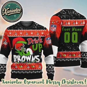NFL Cleveland Browns Drink Up The Grinch Custom Name 2025 Xmas Day Ugly Christmas Sweater