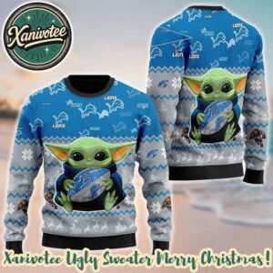 NFL Detroit Lions x Baby Yoda Hug The Ball Xmas 2025 Holiday Gift Ugly Christmas Sweater