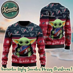 NFL Houston Texans x Baby Yoda Hug The Ball Pattern 2025 Gift For Fan Christmas Ugly Sweater