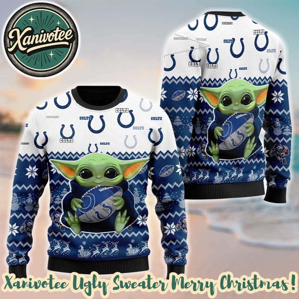 NFL Indianapolis Colts x Baby Yoda Hug The Ball Gift For Fan 2025 Christmas Ugly Sweater