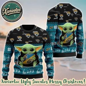 NFL Jacksonville Jaguars x Baby Yoda Hug The Ball 2025 Knitted Ugly Christmas Sweater