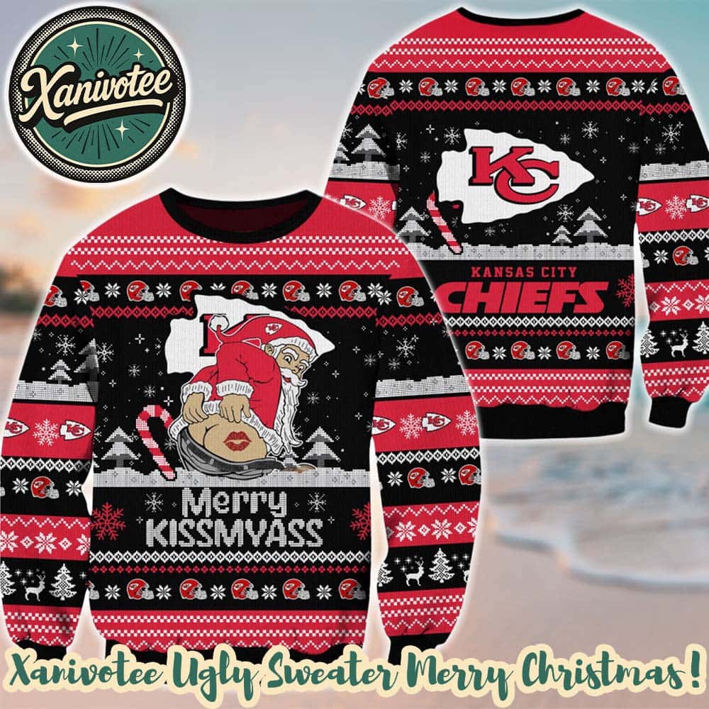 NFL Kansas City Chiefs Merrykissmyass Funny Santa Claus 2025 Ugly Christmas Sweater Gift For Holiday