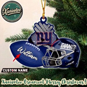 New York Giants NFL Helmet With Rugby Football Custom Name Decoration 2025 Christmas Ornament