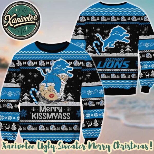 Santa Claus Merrykissmyass x NFL Detroit Lions Funny Ugly Christmas Sweater Gift For Holiday 2025