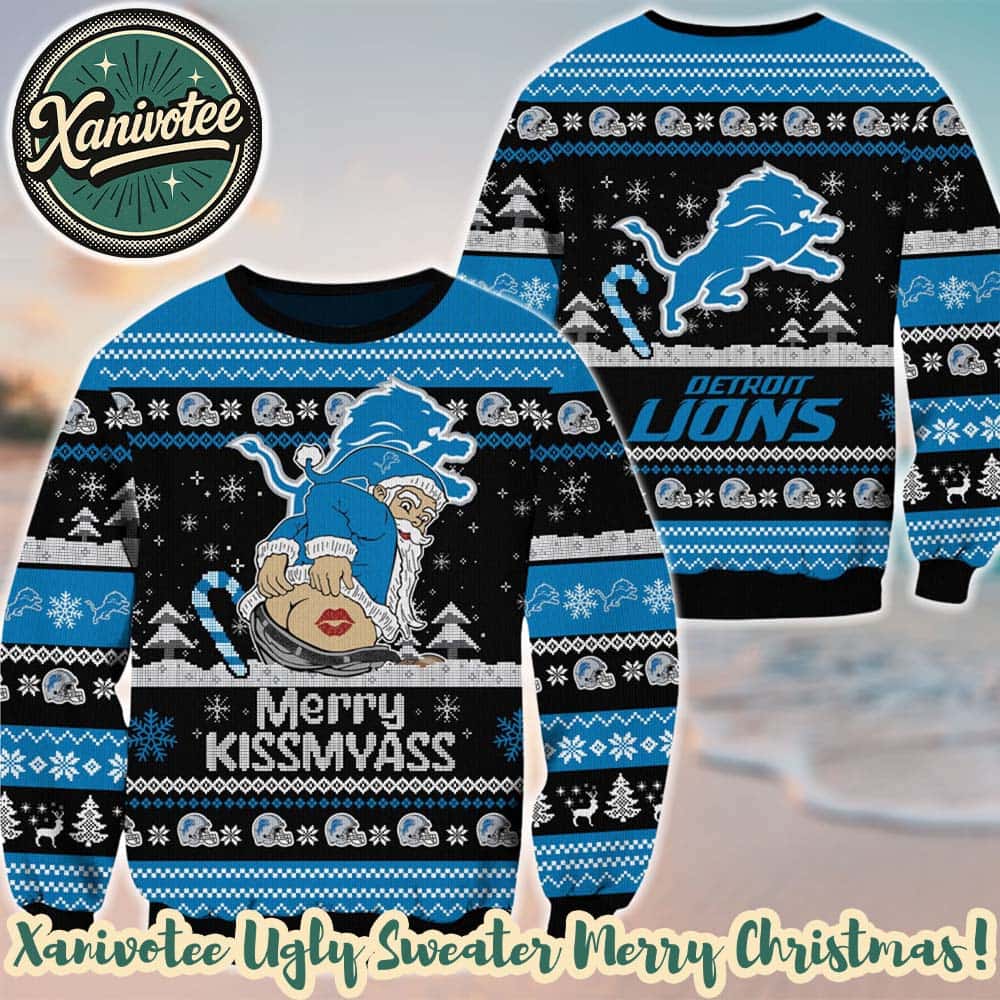 Santa Claus Merrykissmyass x NFL Detroit Lions Funny Ugly Christmas Sweater Gift For Holiday 2025