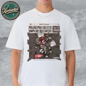 Tampa Bay Buccaneers Vs Philadelphia Eagles Matchup NFL 50th Season On September 28th 2025 At Raymond James Stadium In Tampa Bay FL T-Shirt