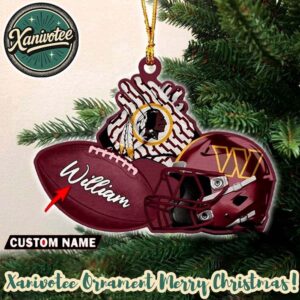 Washington Commanders NFL Helmet With Rugby Football Custom Name Ornament For Family 2025