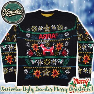 ABBA Christmas Pattern Black Background Custome Name And Number Knitted Ugly Christmas Sweater